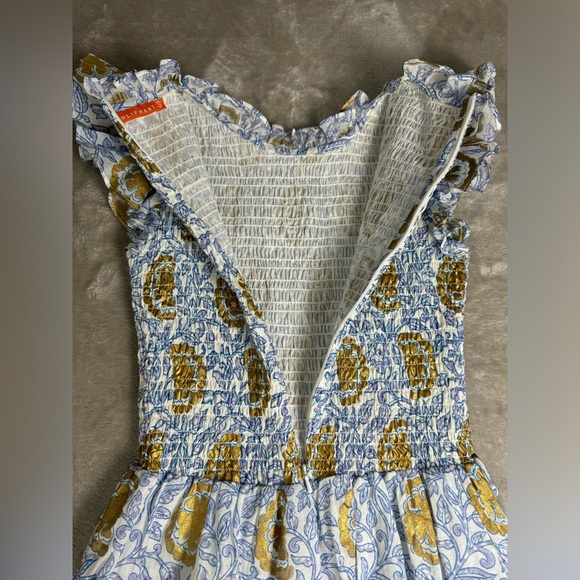 OLIPHANT Smocked Vine Blue Flirty Short Dress Small High Neck Ruffle Cotton - Picture 8 of 14